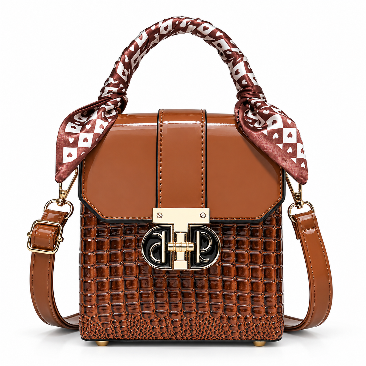 Brown croc-embossed mini box bag with red printed scarf
