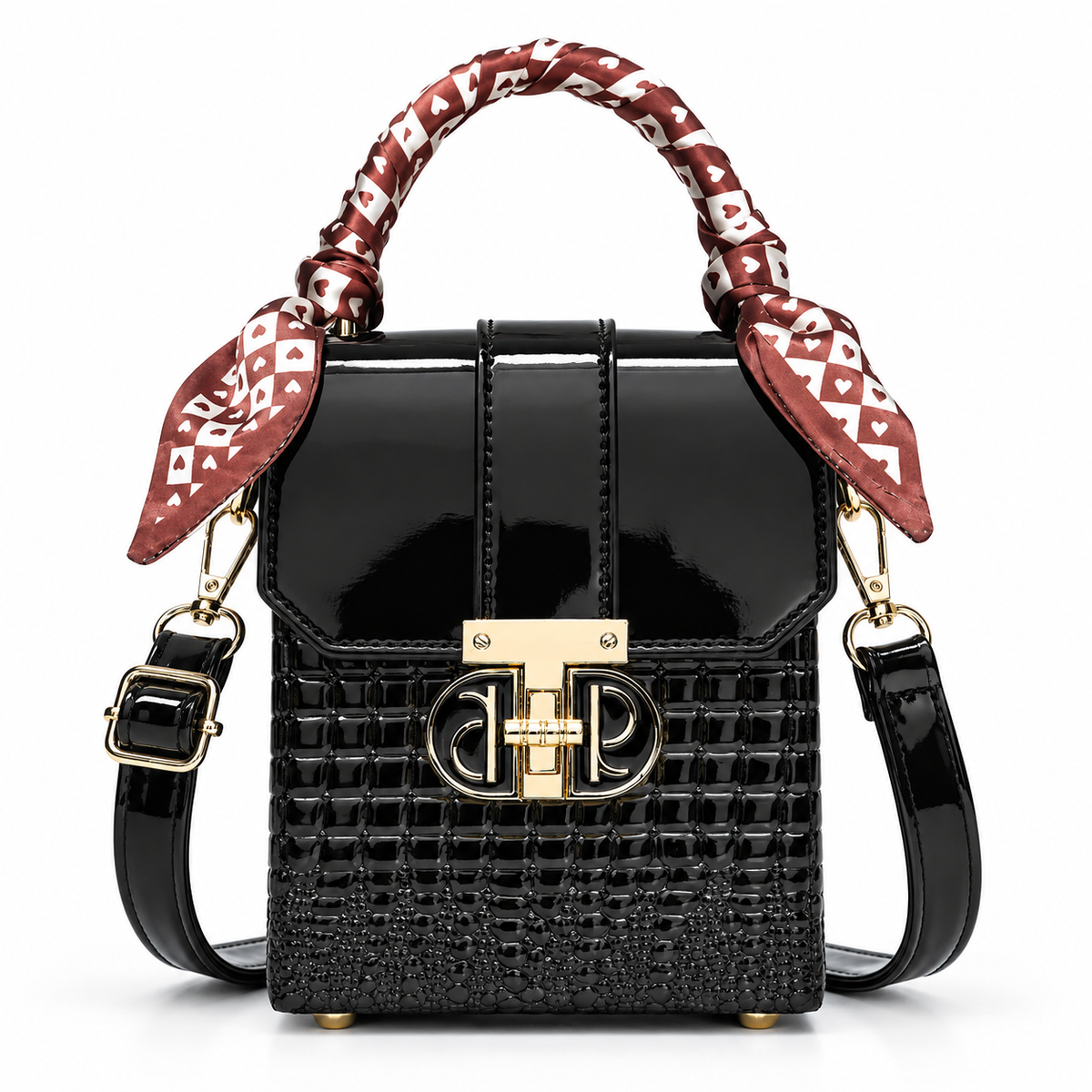 Black glossy croc-embossed mini bag with red printed scarf