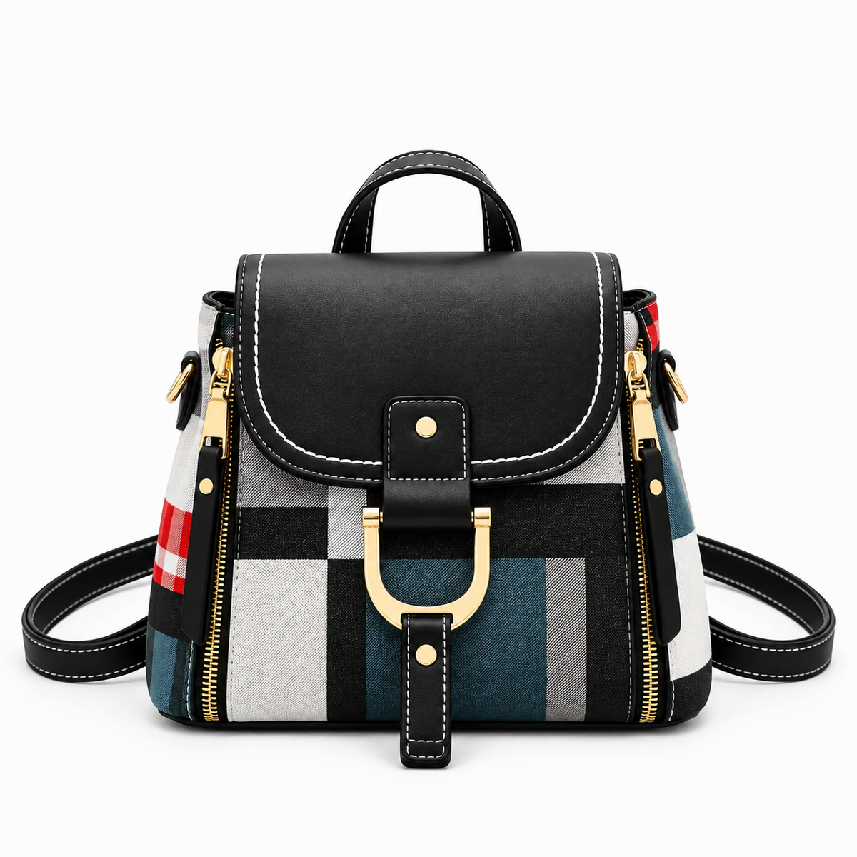Black faux leather and plaid mini backpack with gold D-ring buckle
