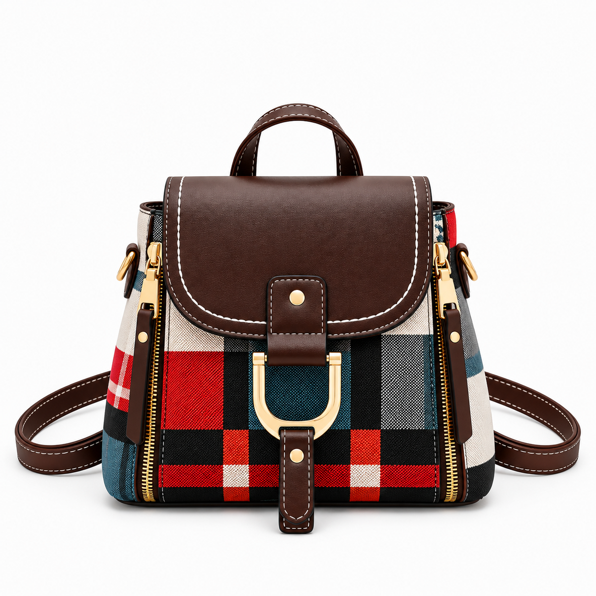 Brown faux leather and red plaid mini backpack with gold buckle