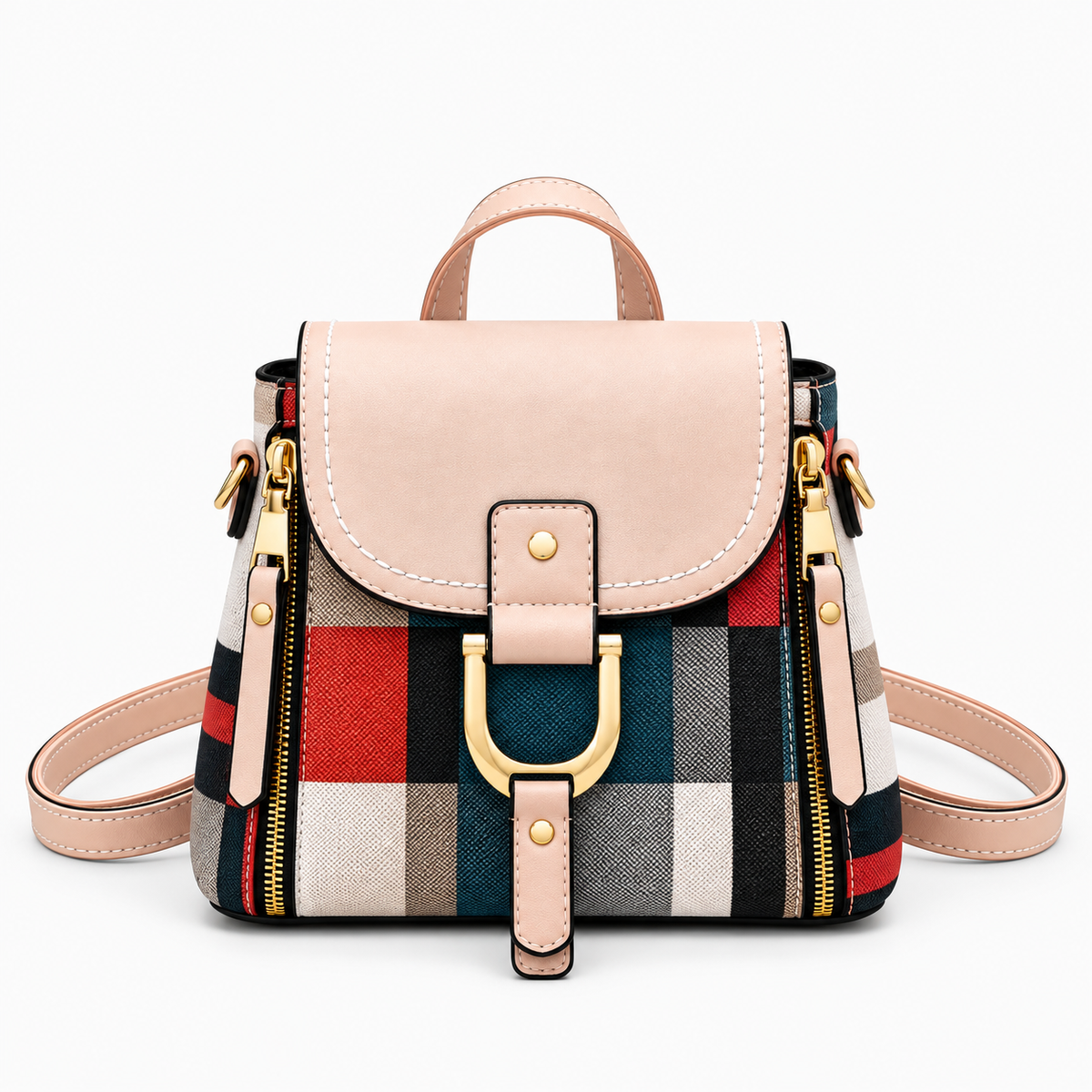 Light pink faux leather and plaid mini backpack with gold buckle