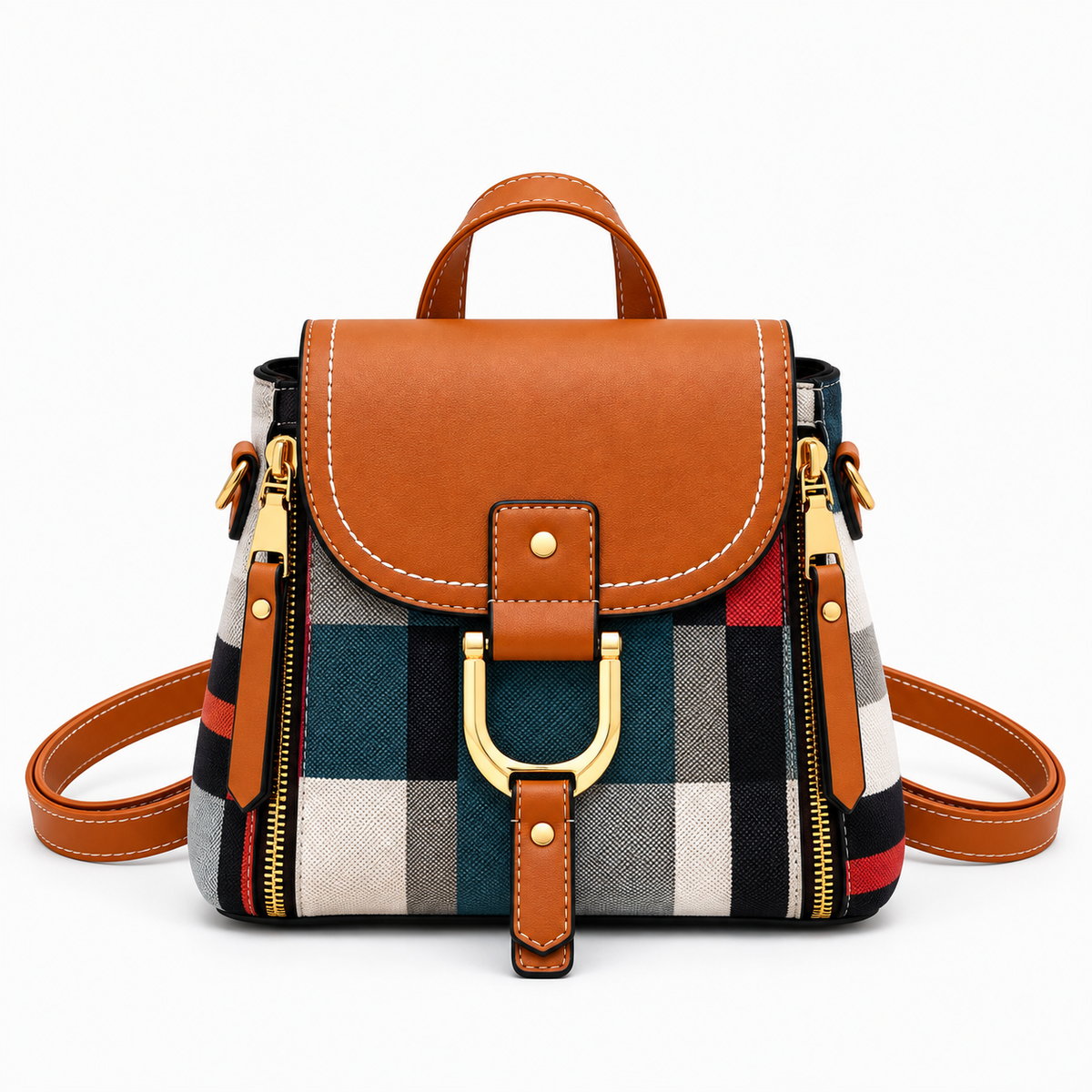 Tan faux leather and plaid mini backpack with gold D-ring buckle