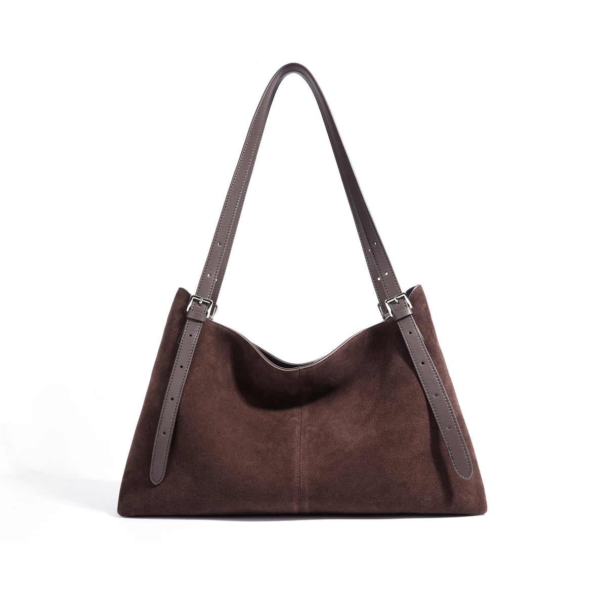 Brown faux suede tote with buckled straps, front view