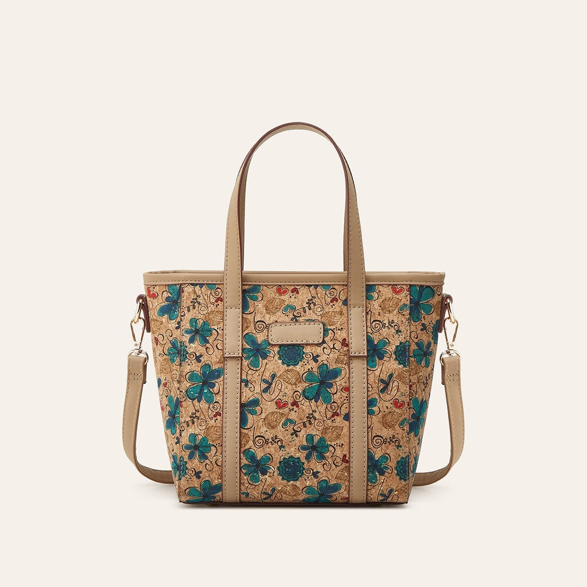 Blue floral print cork tote with tan handles