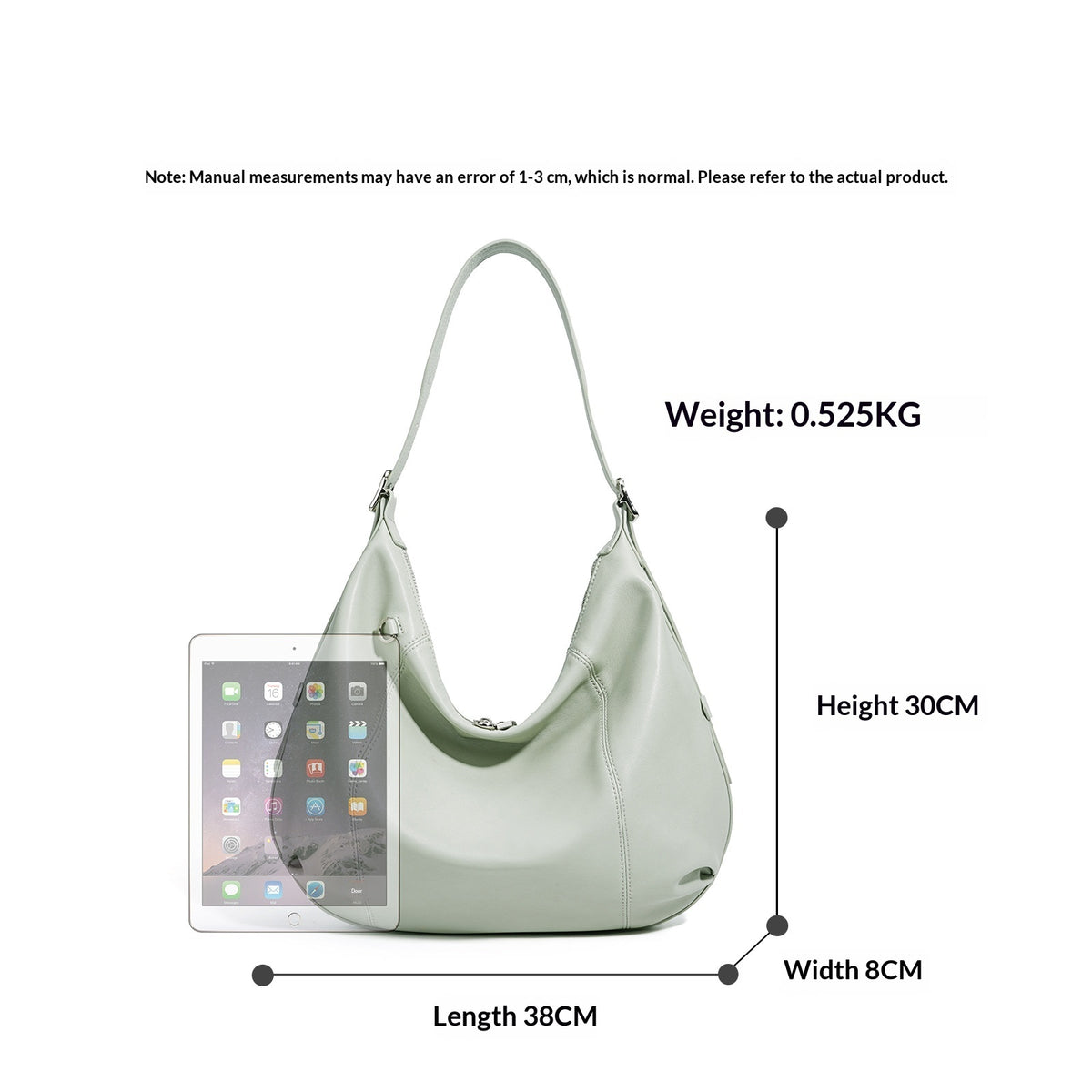 Hobo bag size chart: 38 x 30 x 8 cm, 0.525 kg, shown next to a tablet