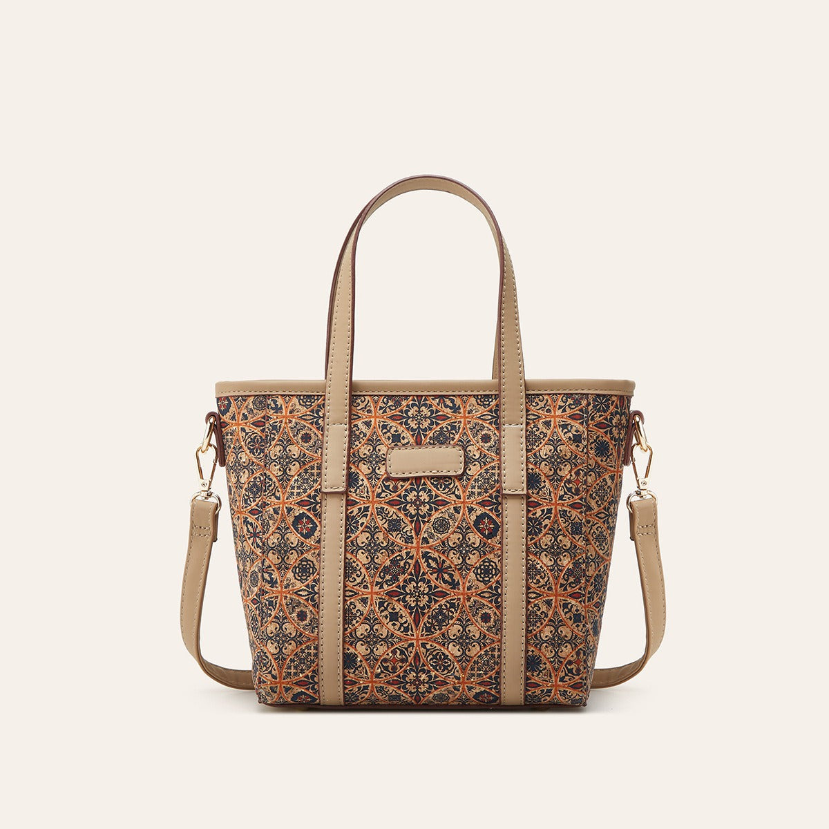 Champagne mosaic print cork tote, front view