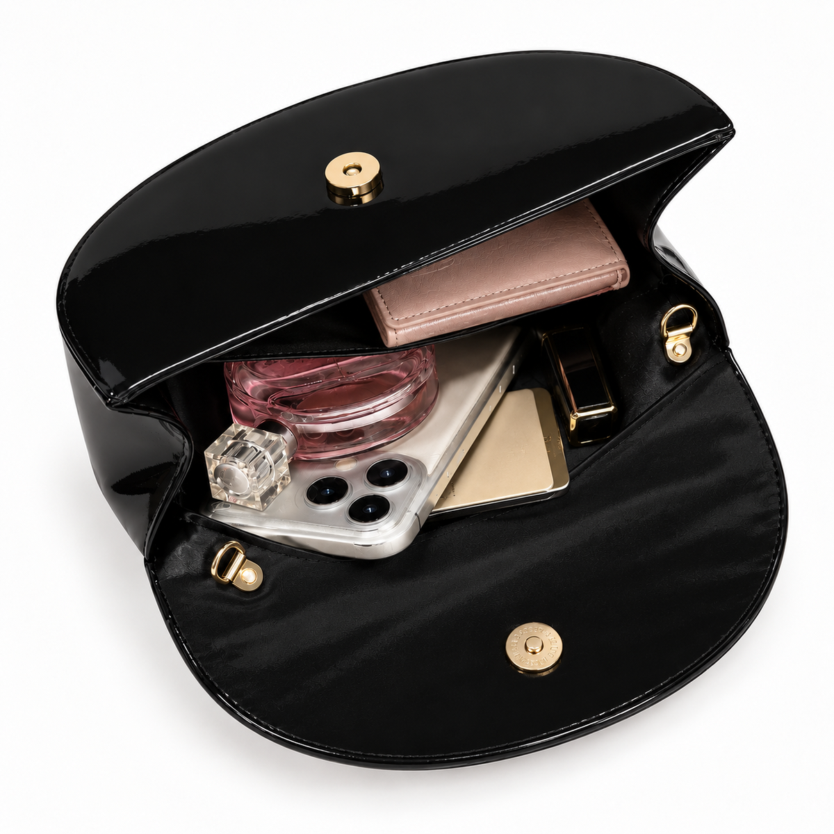 PEVELL glossy handbag — Black open interior